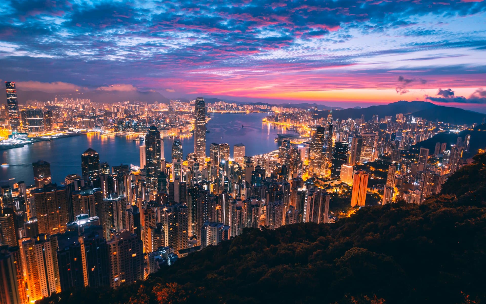Hong Kong harbour skyline at night